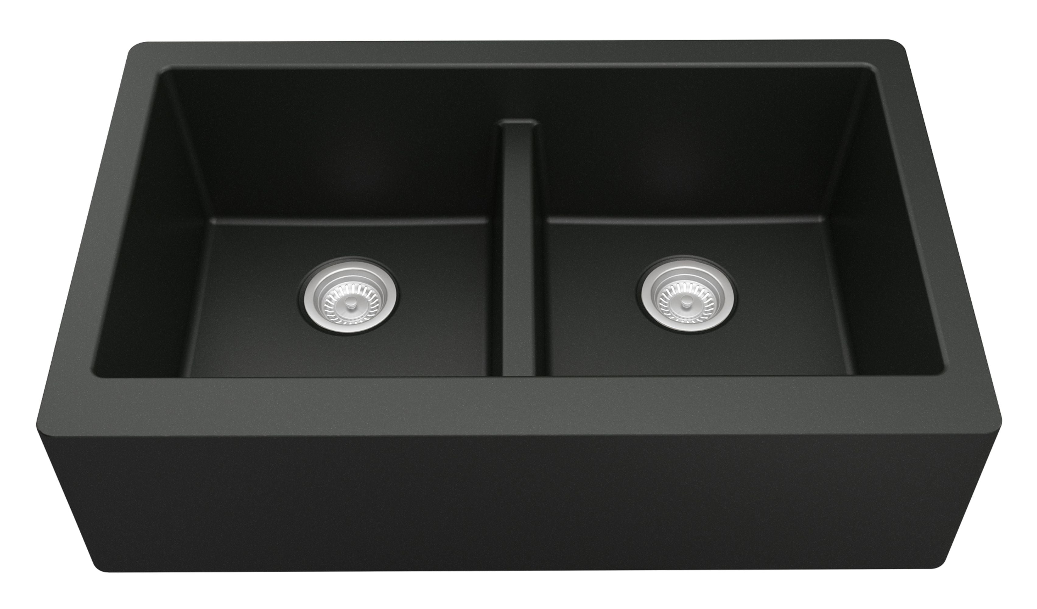 Karran 34" Quartz Composite Farmhouse Sink, 50/50 Double Bowl, Black, QA-750-BL-PK1