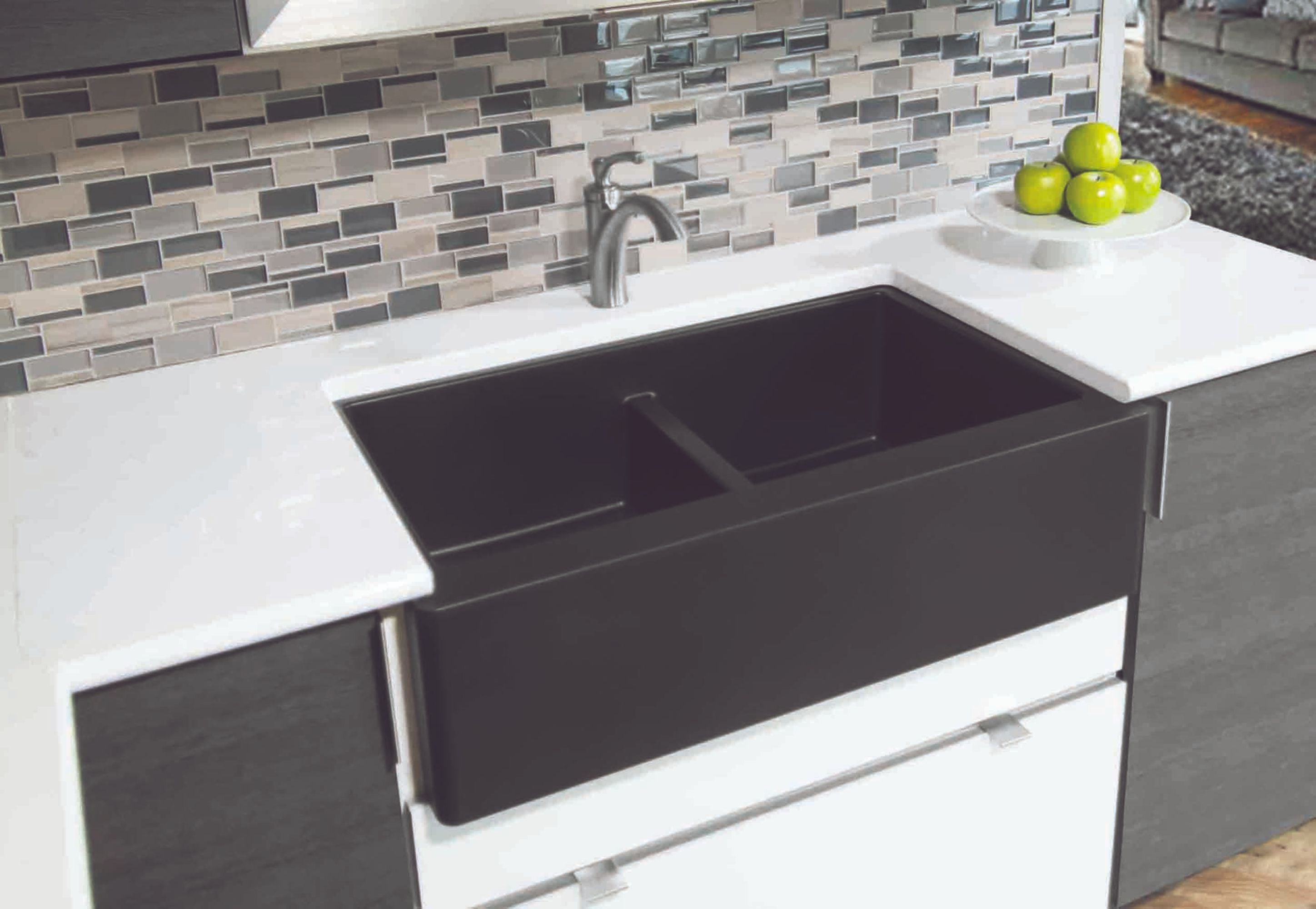 Karran 34" Quartz Composite Farmhouse Sink, 50/50 Double Bowl, Black, QA-750-BL-PK1