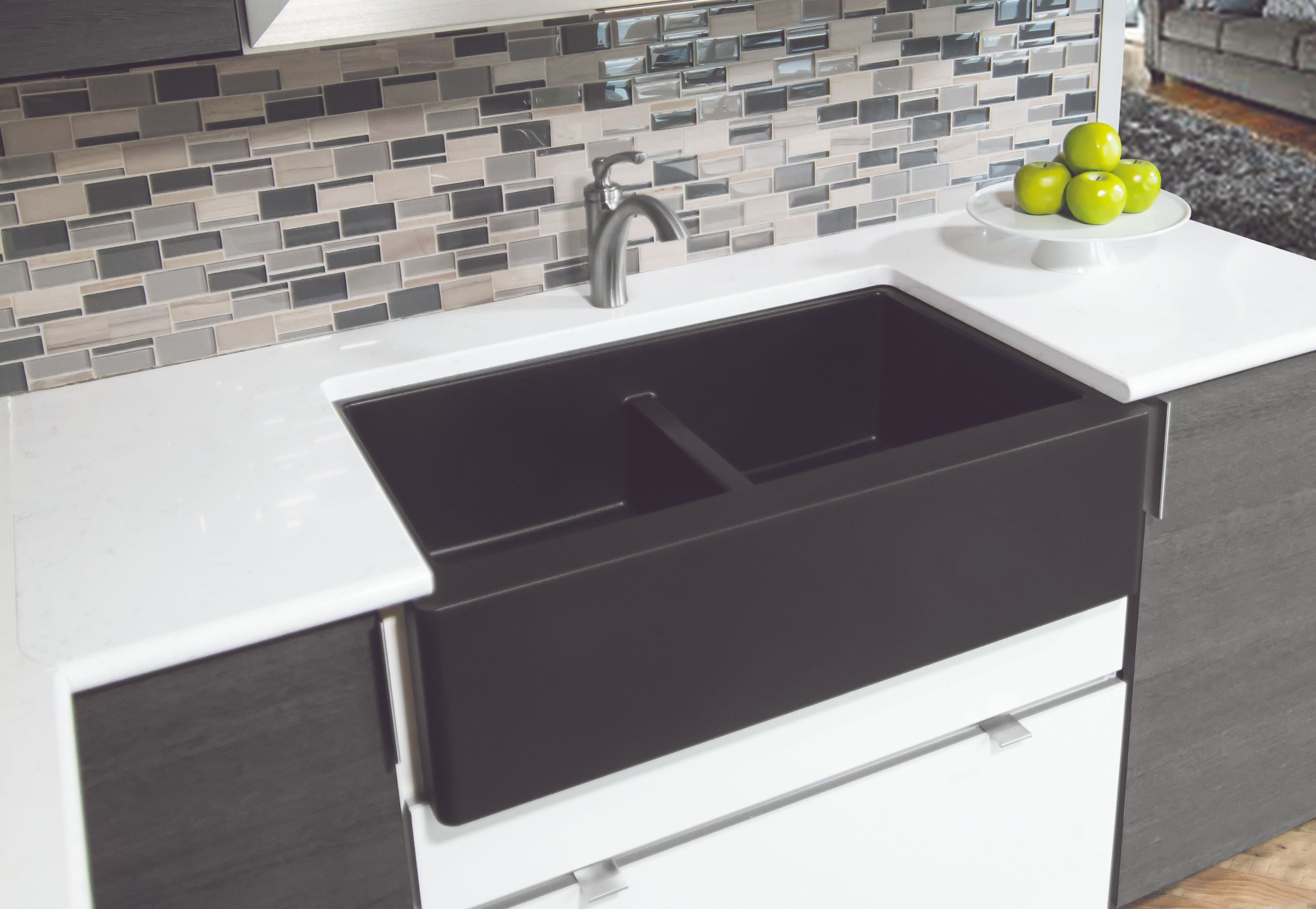 Karran 34" Quartz Composite Farmhouse Sink, 50/50 Double Bowl, Black, QA-750-BL-PK1