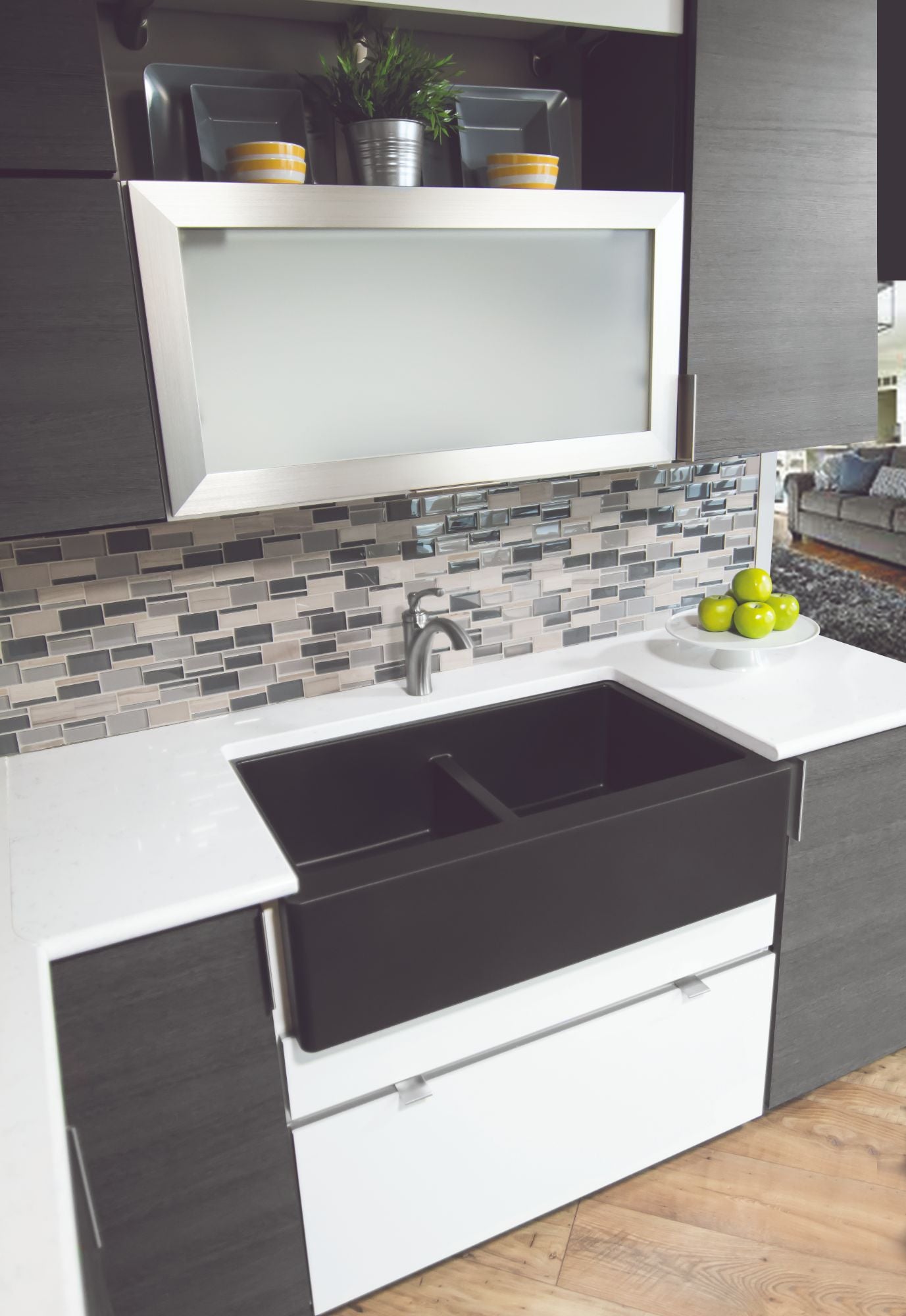 Karran 34" Quartz Composite Farmhouse Sink, 50/50 Double Bowl, Black, QA-750-BL-PK1