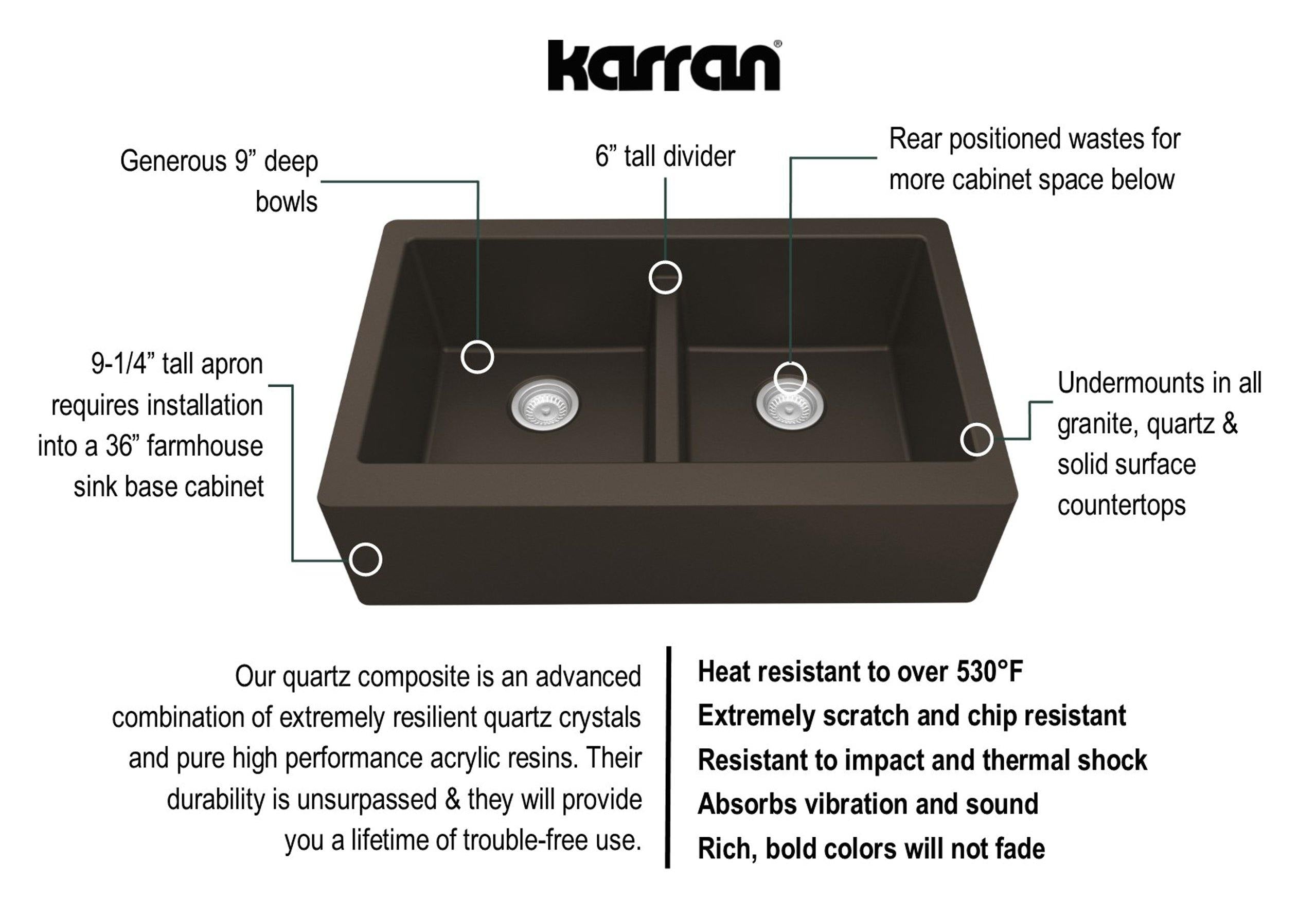 Karran 34" Quartz Composite Farmhouse Sink, 50/50 Double Bowl, Brown, QA-750-BR
