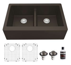 Alternate Image for Karran 34" Quartz Composite Farmhouse Sink, 50/50 Double Bowl, Brown, QA-750-BR-PK1