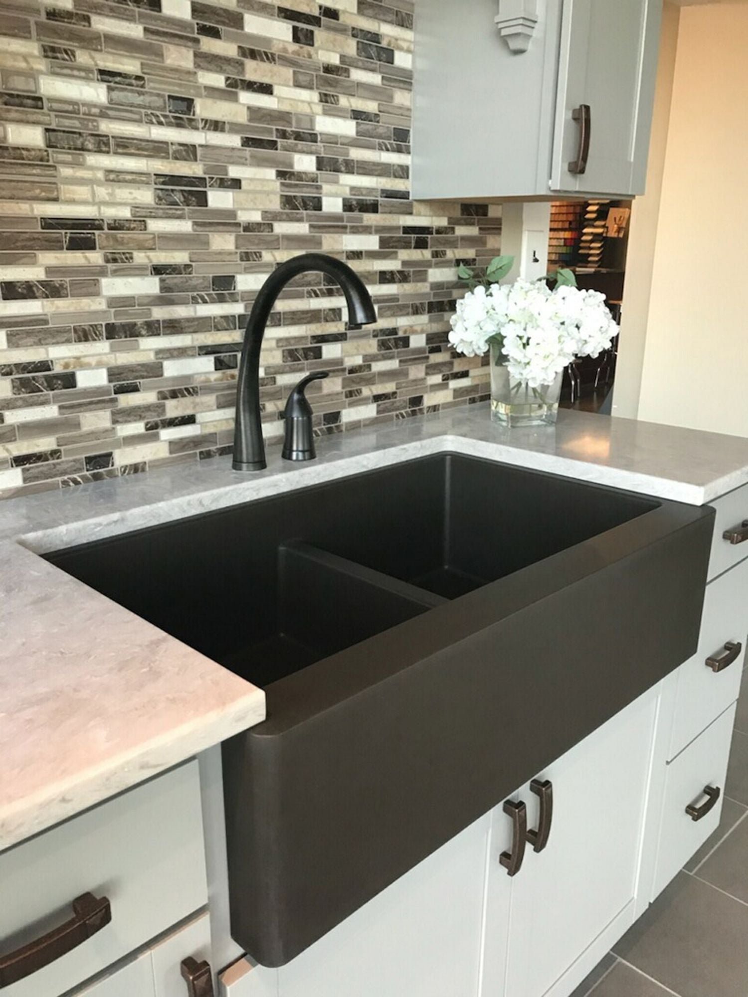 Karran 34" Quartz Composite Farmhouse Sink, 50/50 Double Bowl, Brown, QA-750-BR-PK1