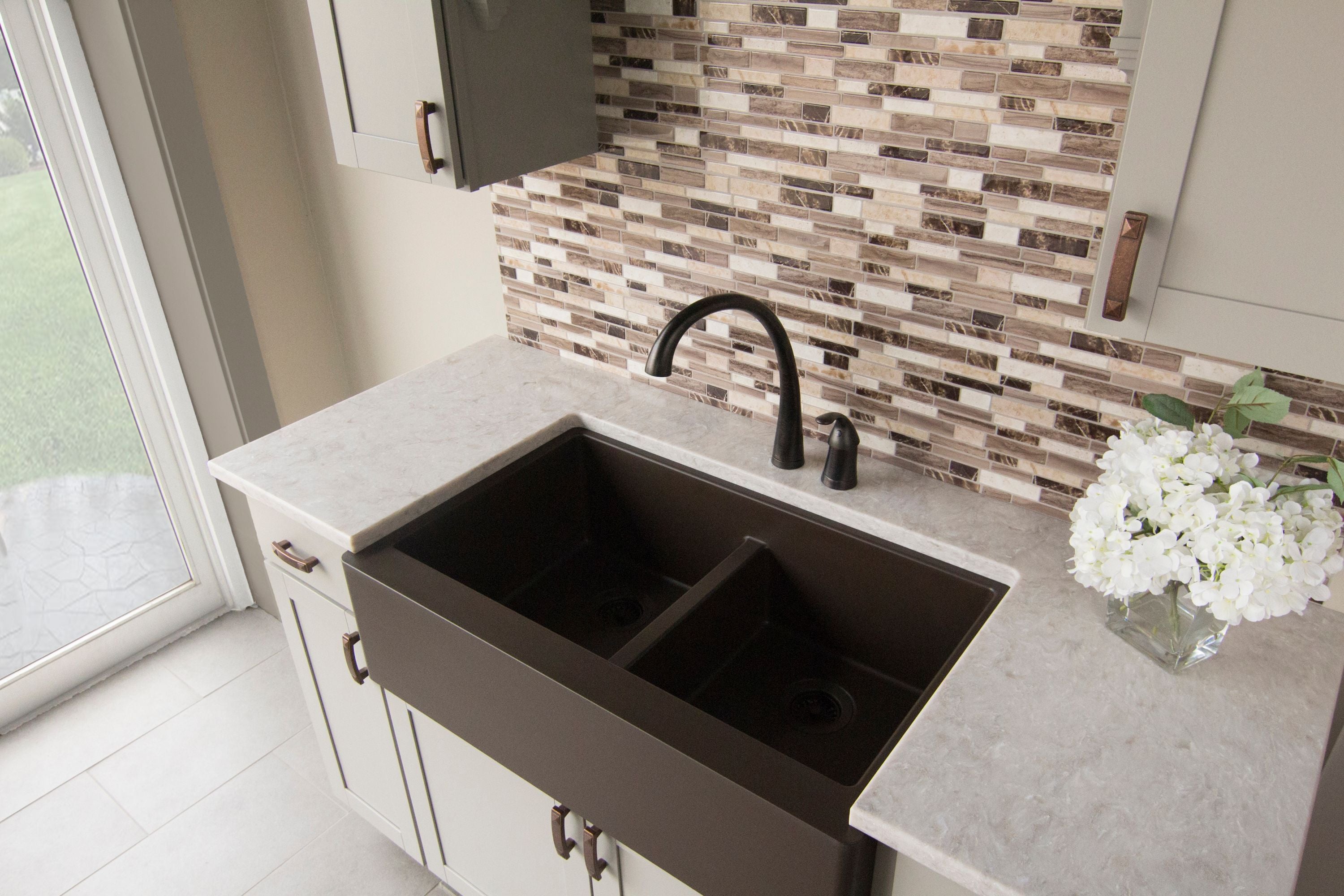Karran 34" Quartz Composite Farmhouse Sink, 50/50 Double Bowl, Brown, QA-750-BR-PK1