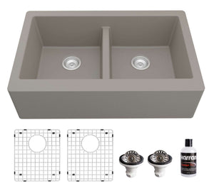 Alternate Image for Karran 34" Quartz Composite Farmhouse Sink, 50/50 Double Bowl, Concrete, QA-750-CN-PK1