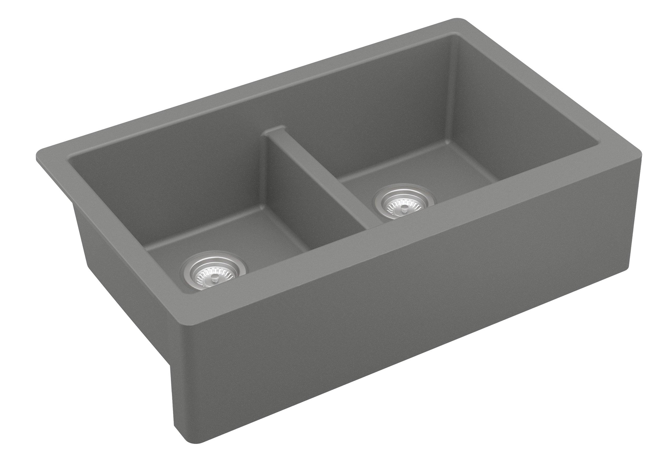Karran 34" Quartz Composite Farmhouse Sink, 50/50 Double Bowl, Grey, QA-750-GR