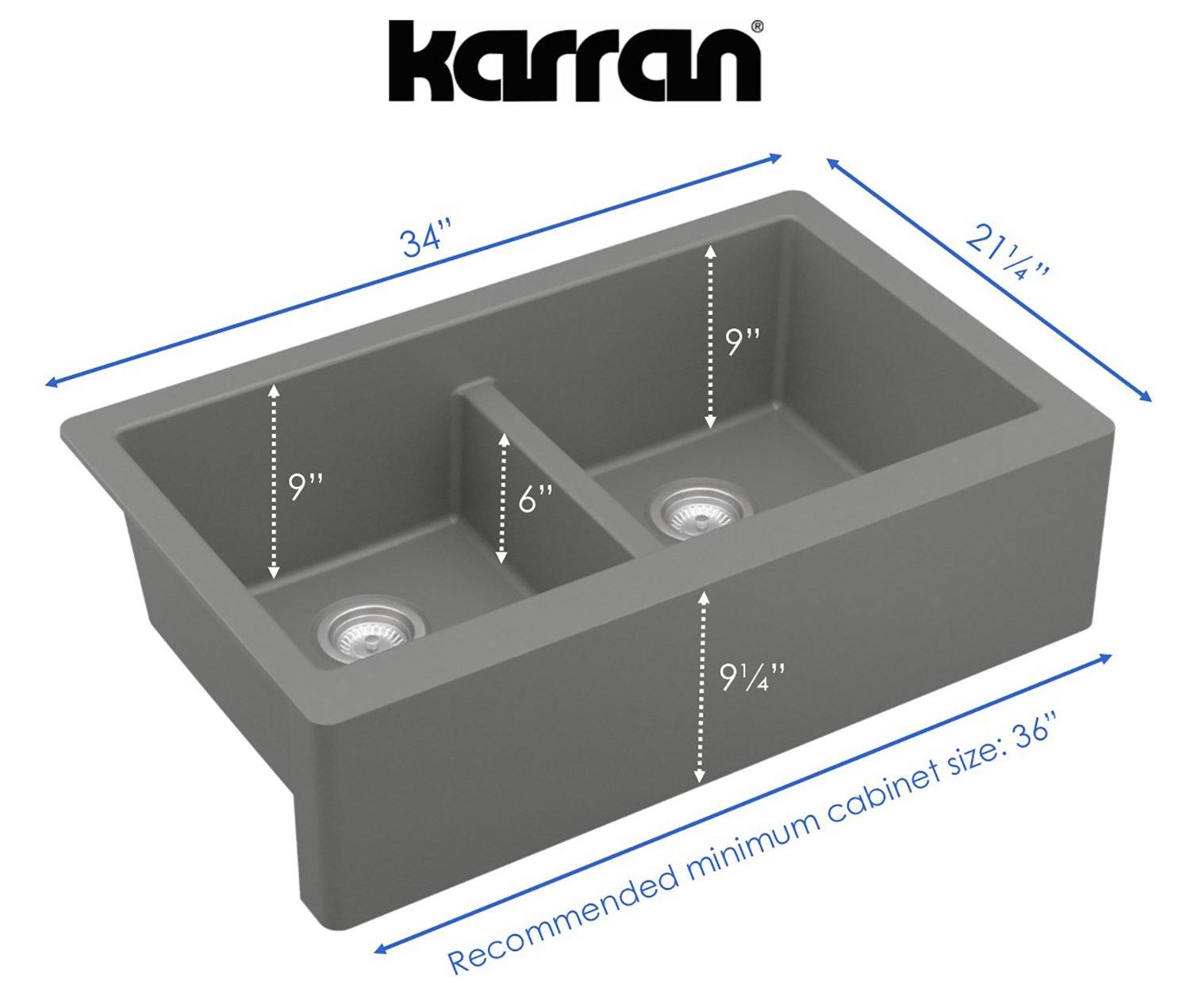 Karran 34" Quartz Composite Farmhouse Sink, 50/50 Double Bowl, Grey, QA-750-GR