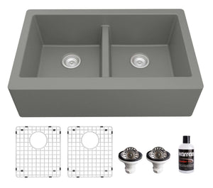 Alternate Image for Karran 34" Quartz Composite Farmhouse Sink, 50/50 Double Bowl, Grey, QA-750-GR-PK1