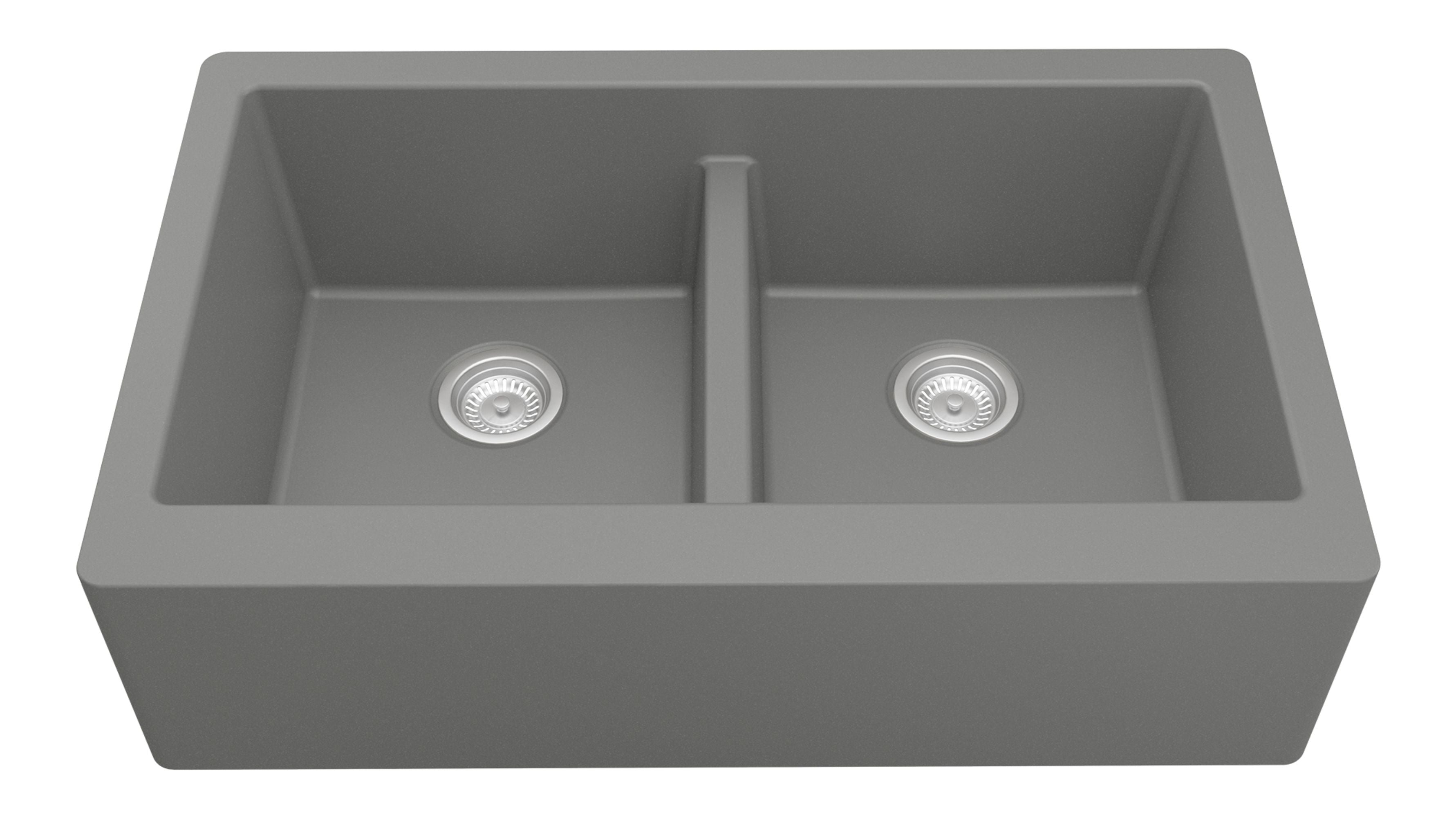 Karran 34" Quartz Composite Farmhouse Sink, 50/50 Double Bowl, Grey, QA-750-GR-PK1