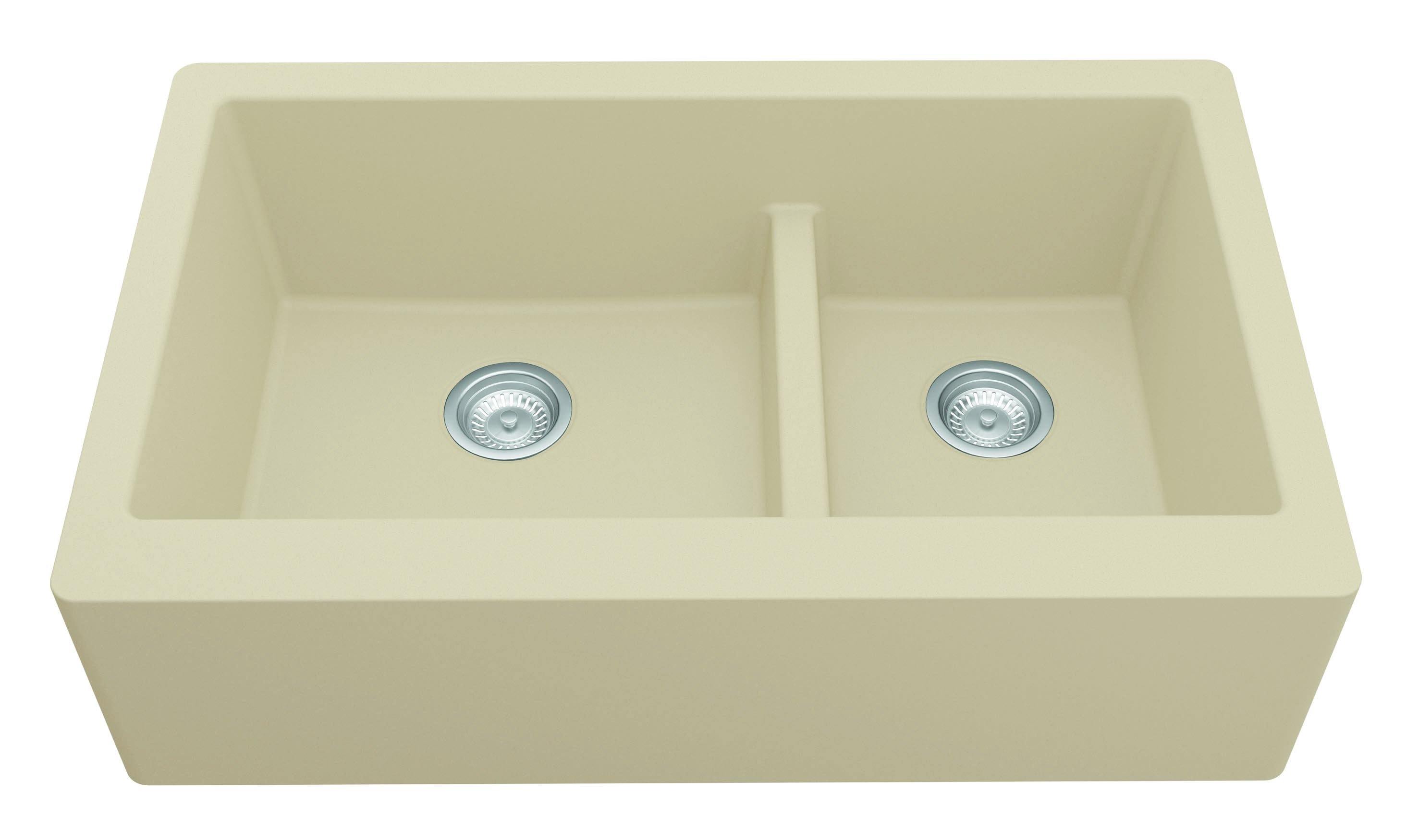 Karran 34" Quartz Composite Farmhouse Sink, 60/40 Double Bowl, Bisque, QA-760-BI