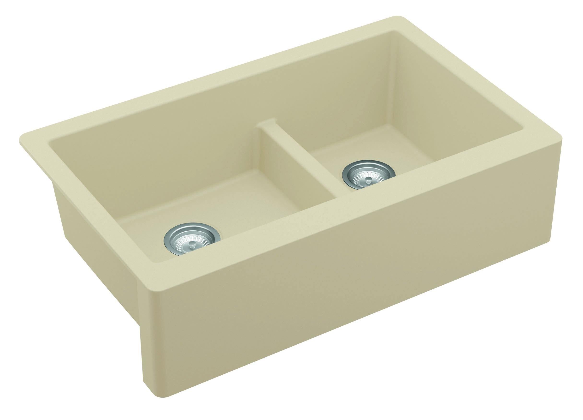 Karran 34" Quartz Composite Farmhouse Sink, 60/40 Double Bowl, Bisque, QA-760-BI