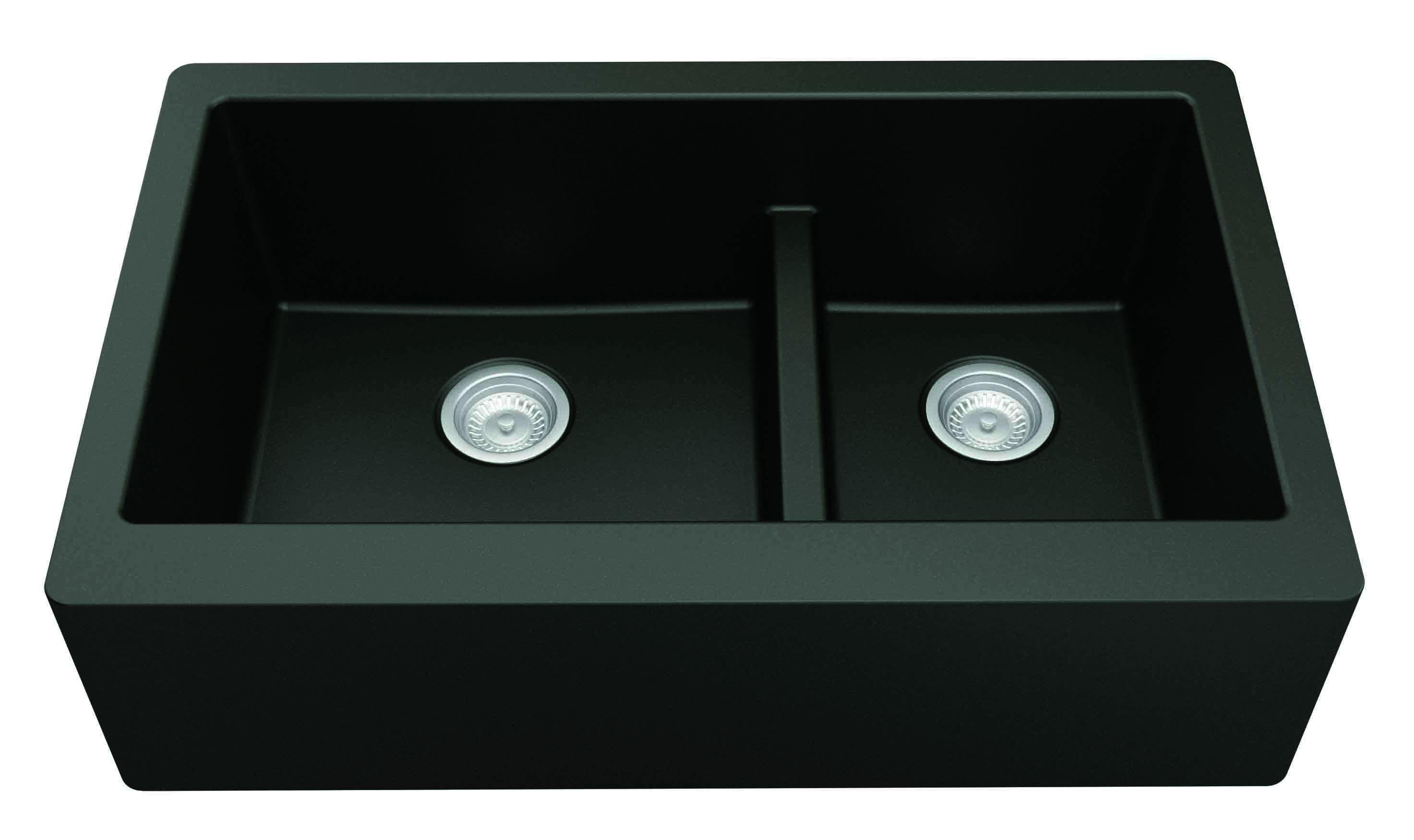 Karran 34" Quartz Composite Farmhouse Sink, 60/40 Double Bowl, Black, QA-760-BL