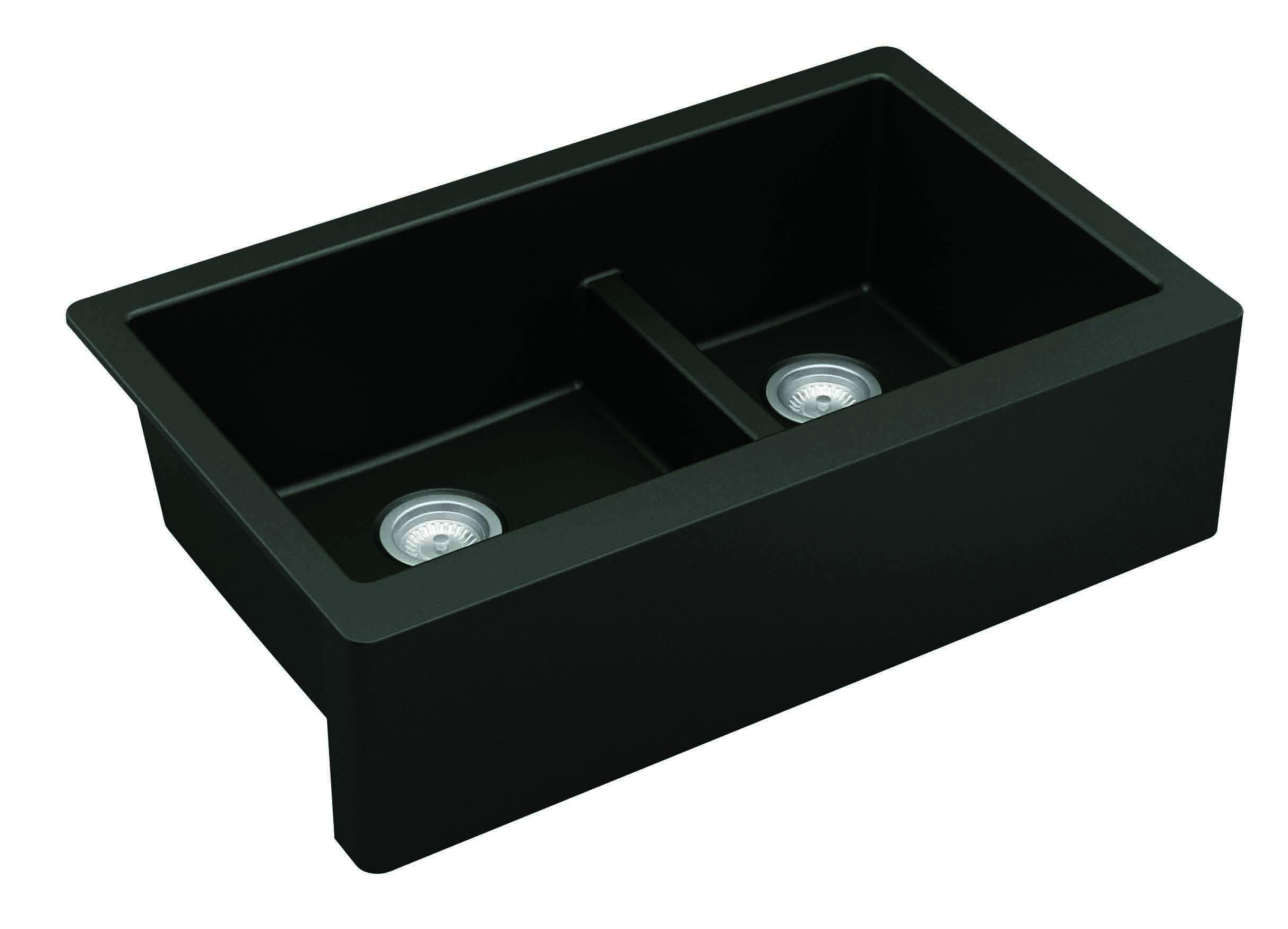 Karran 34" Quartz Composite Farmhouse Sink, 60/40 Double Bowl, Black, QA-760-BL