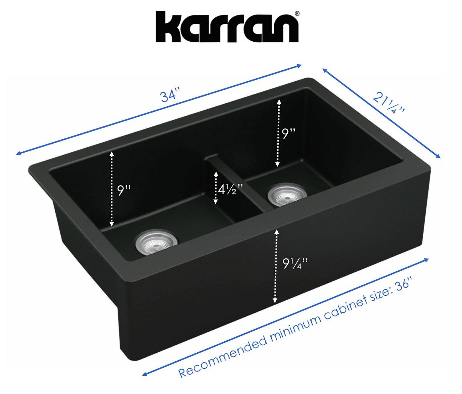 Karran 34" Quartz Composite Farmhouse Sink, 60/40 Double Bowl, Black, QA-760-BL