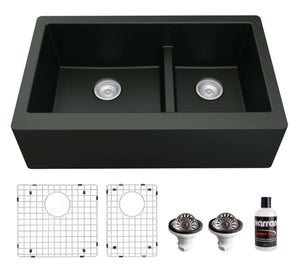Alternate Image for Karran 34" Quartz Composite Farmhouse Sink, 60/40 Double Bowl, Black, QA-760-BL-PK1