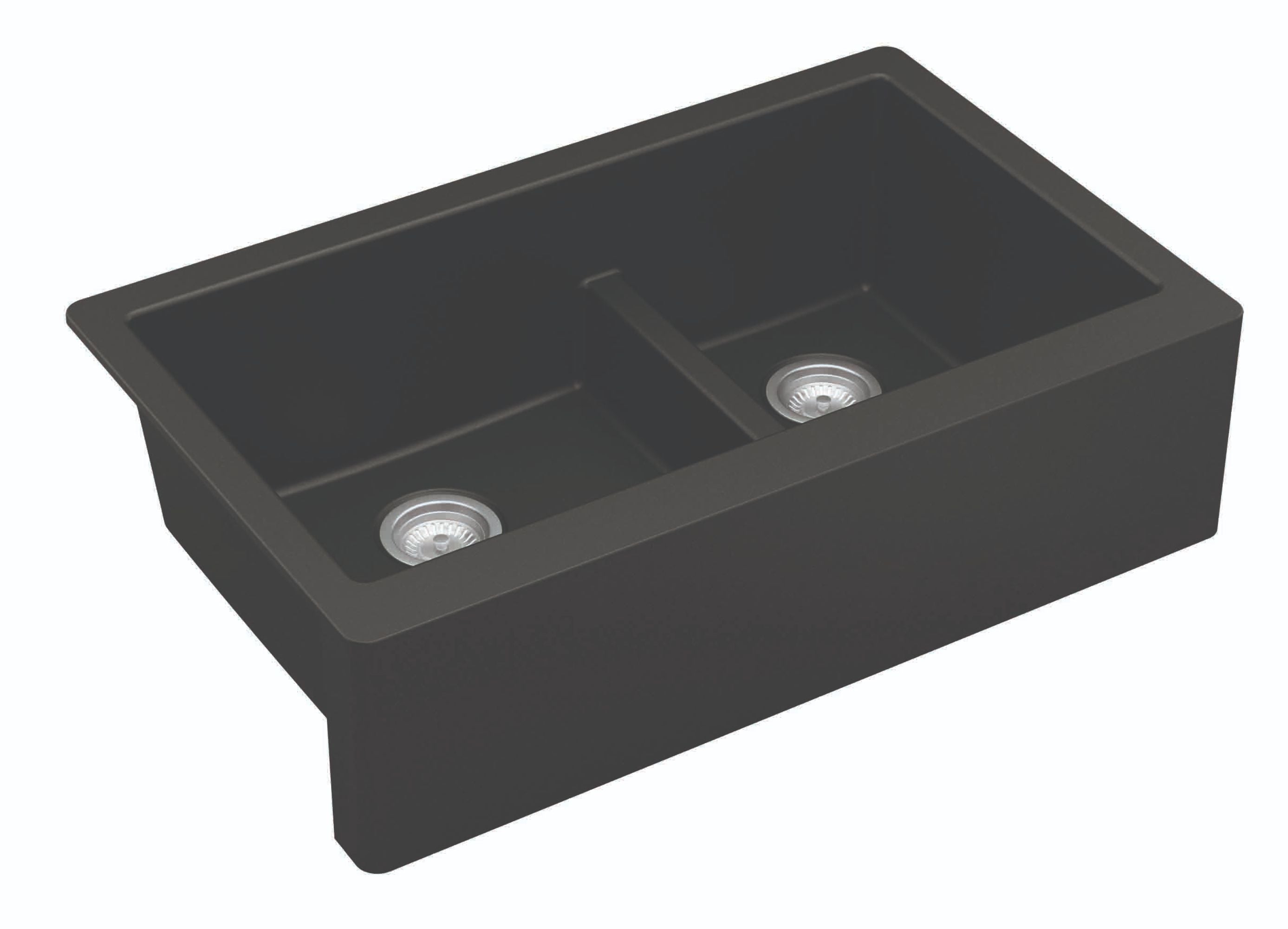 Karran 34" Quartz Composite Farmhouse Sink, 60/40 Double Bowl, Black, QA-760-BL-PK1