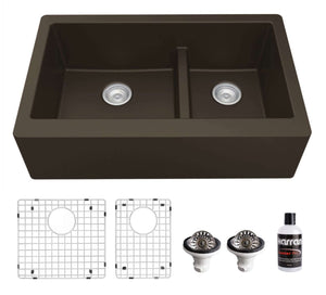 Alternate Image for Karran 34" Quartz Composite Farmhouse Sink, 60/40 Double Bowl, Brown, QA-760-BR-PK1