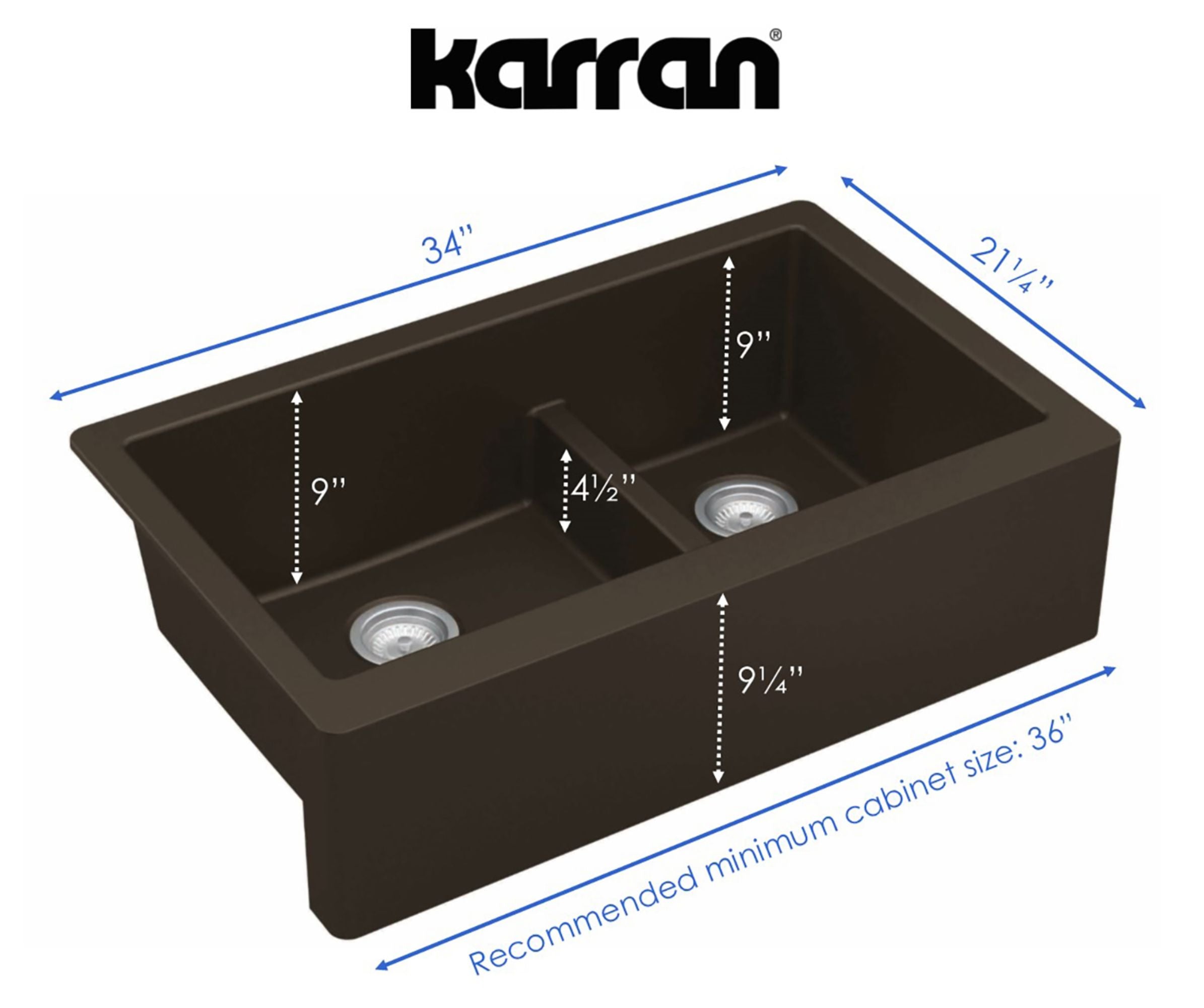 Karran 34" Quartz Composite Farmhouse Sink, 60/40 Double Bowl, Brown, QA-760-BR-PK1