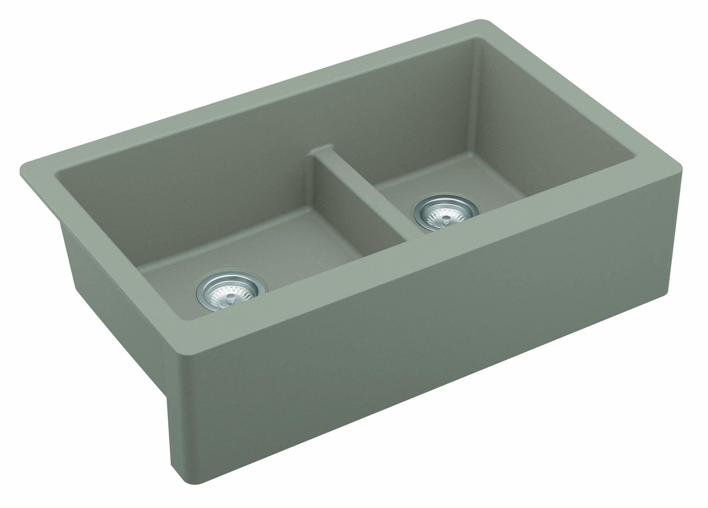 Karran 34" Quartz Composite Farmhouse Sink, 60/40 Double Bowl, Concrete, QA-760-CN