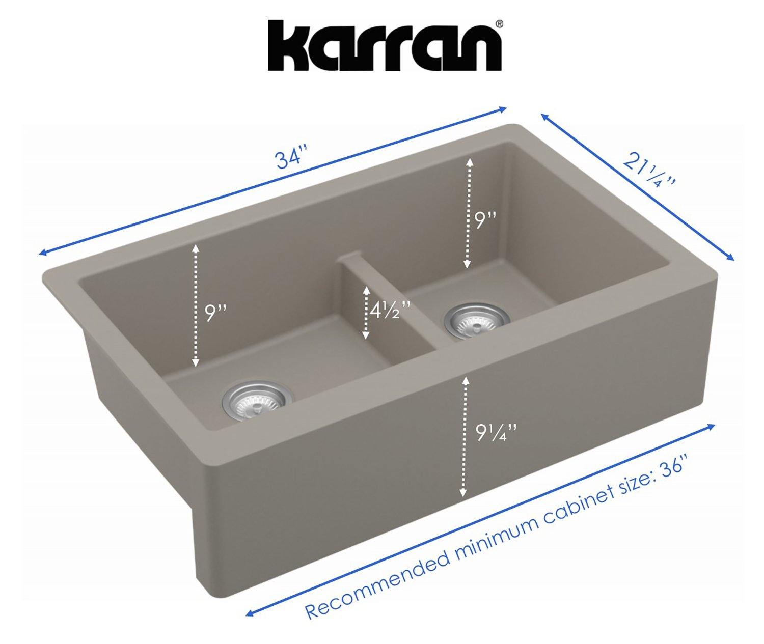 Karran 34" Quartz Composite Farmhouse Sink, 60/40 Double Bowl, Concrete, QA-760-CN