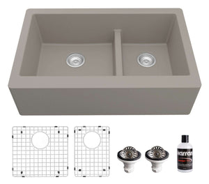 Alternate Image for Karran 34" Quartz Composite Farmhouse Sink, 60/40 Double Bowl, Concrete, QA-760-CN-PK1