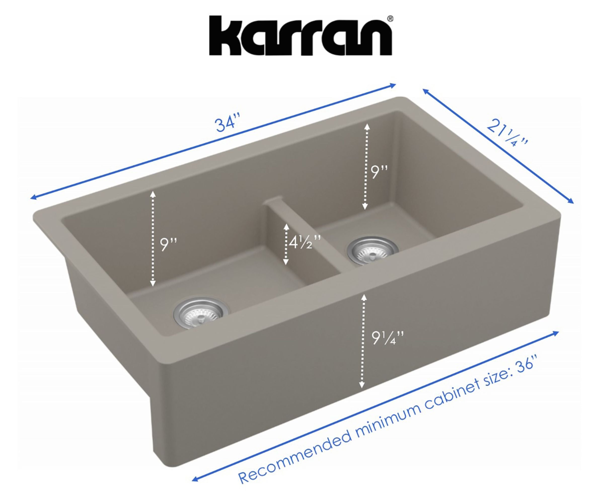 Karran 34" Quartz Composite Farmhouse Sink, 60/40 Double Bowl, Concrete, QA-760-CN-PK1