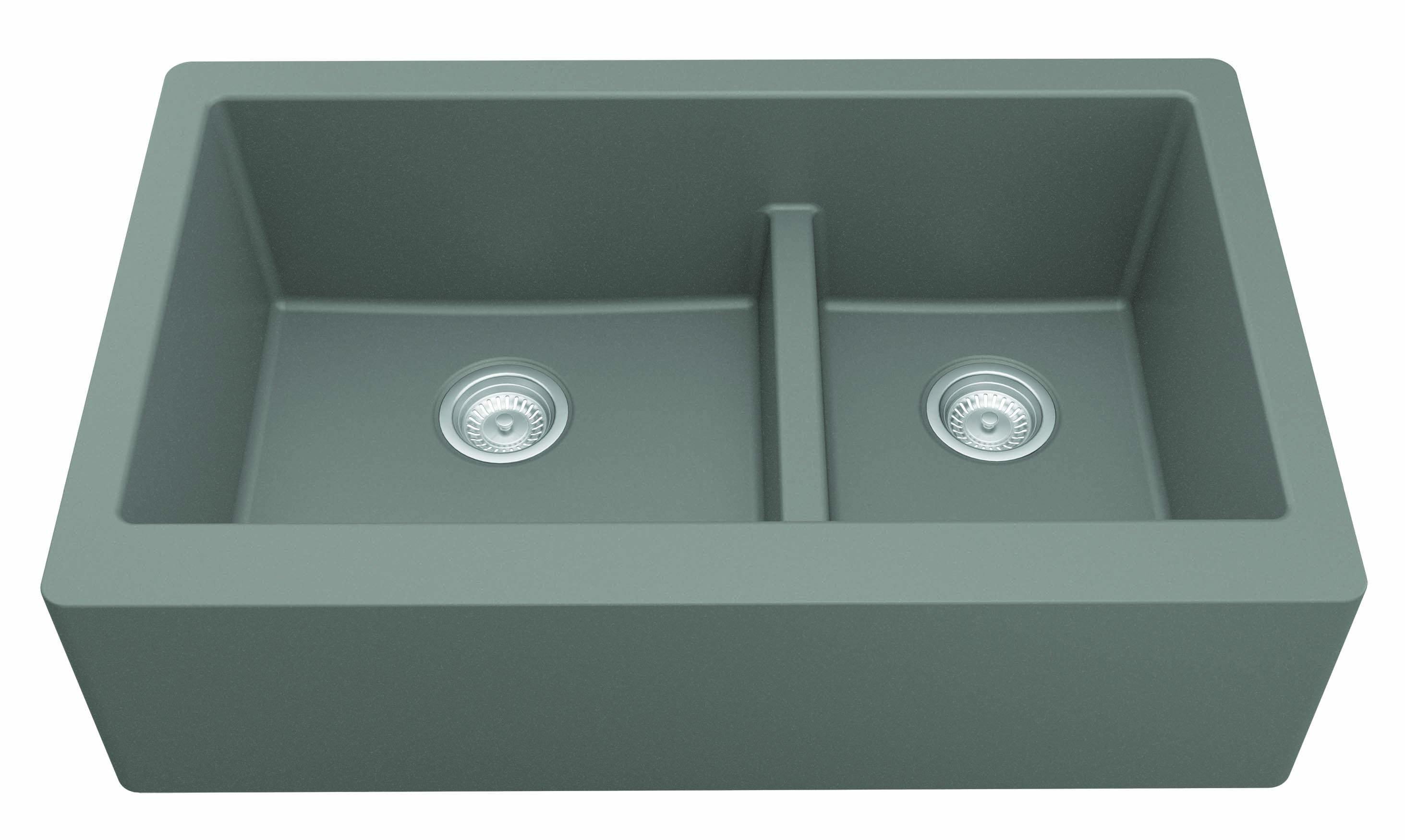 Karran 34" Quartz Composite Farmhouse Sink, 60/40 Double Bowl, Grey, QA-760-GR