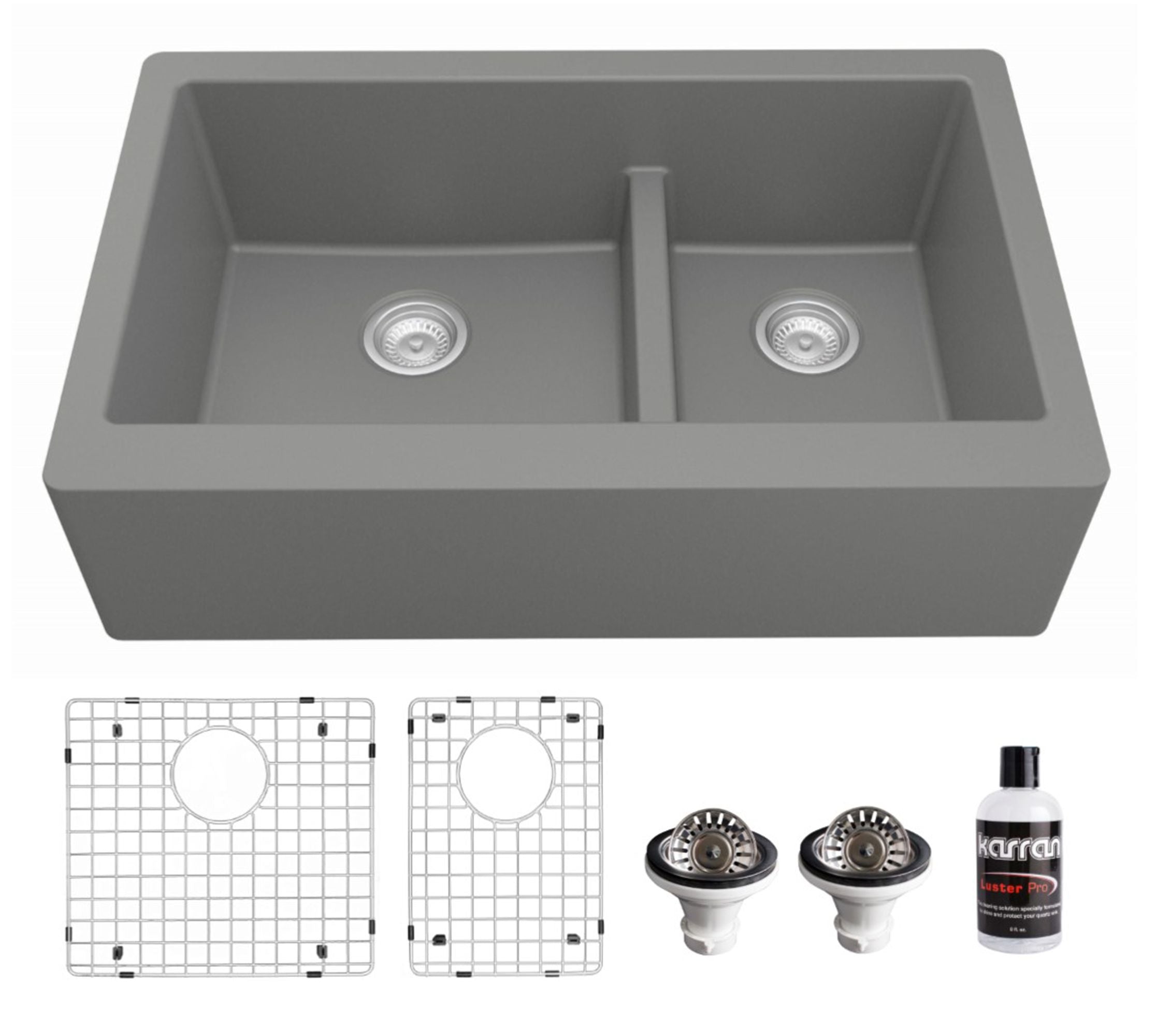 Karran 34" Quartz Composite Farmhouse Sink, 60/40 Double Bowl, Grey, QA-760-GR-PK1