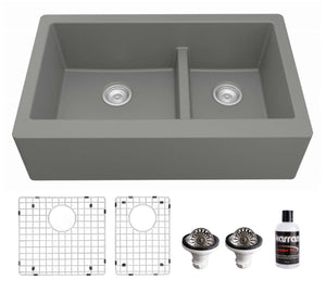 Alternate Image for Karran 34" Quartz Composite Farmhouse Sink, 60/40 Double Bowl, Grey, QA-760-GR-PK1