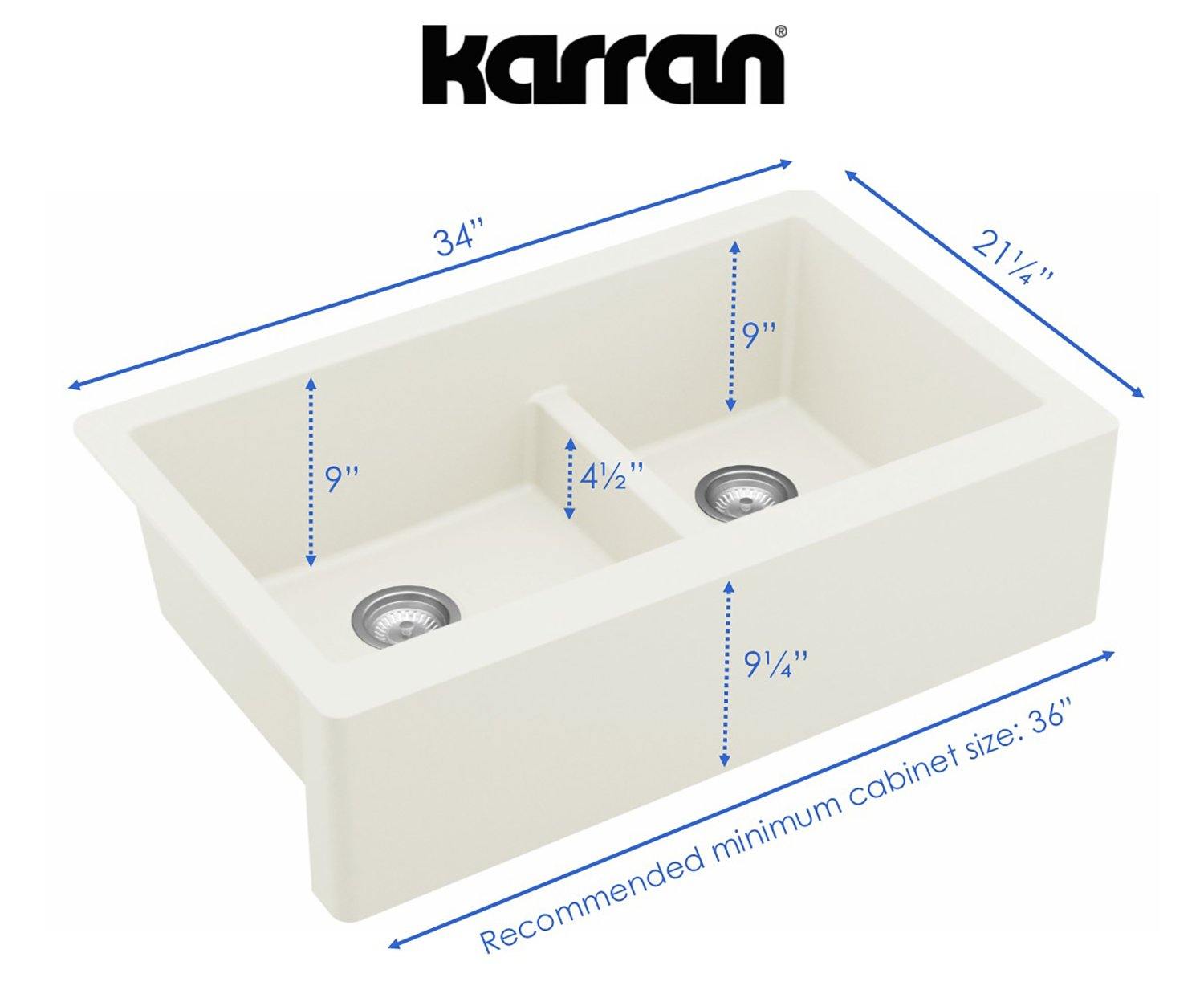 Karran 34" Quartz Composite Farmhouse Sink, 60/40 Double Bowl, White, QA-760-WH