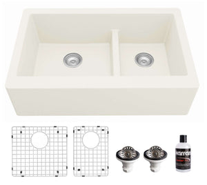Alternate Image for Karran 34" Quartz Composite Farmhouse Sink, 60/40 Double Bowl, White, QA-760-WH-PK1