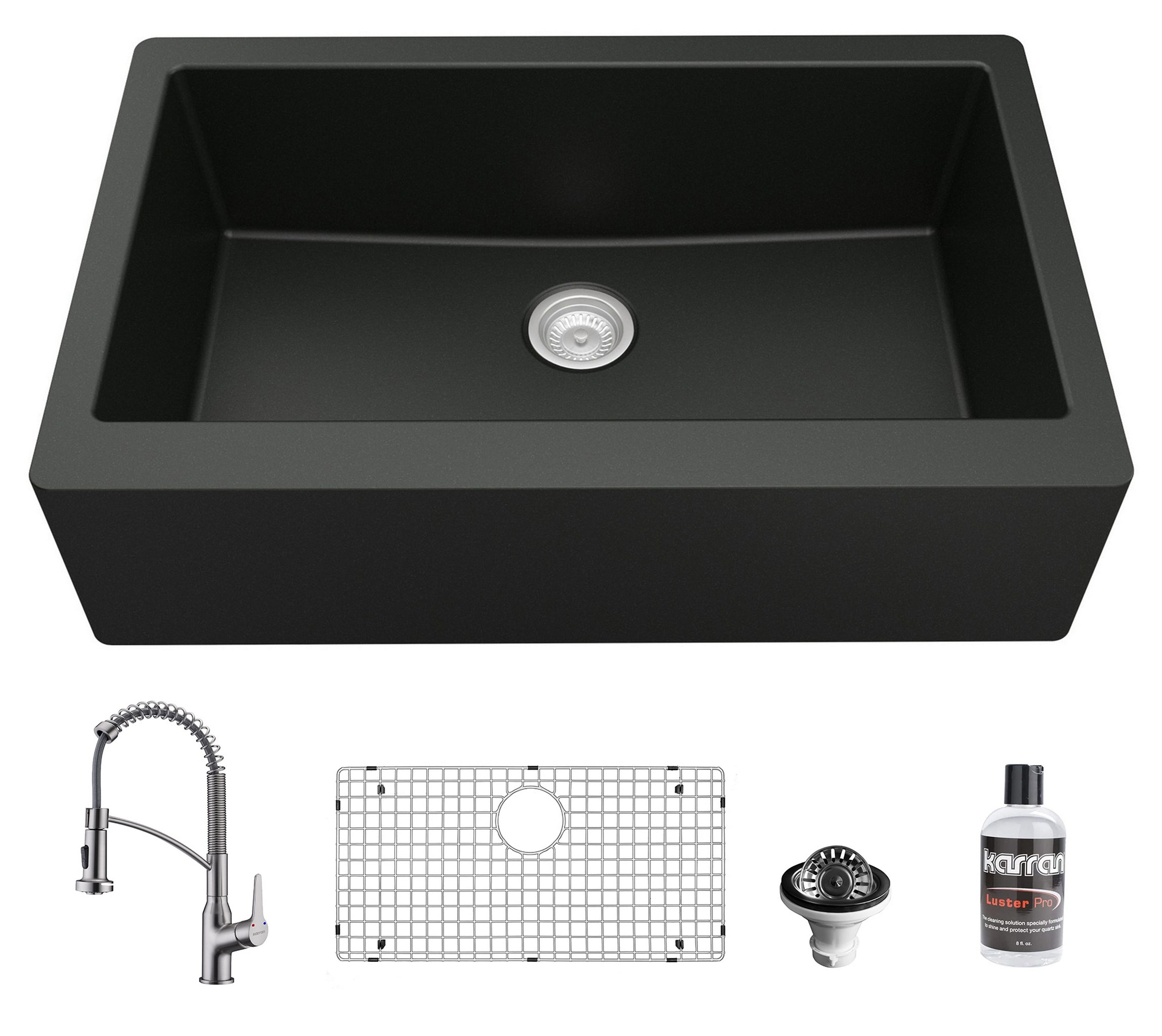 Karran 34" Quartz Composite Farmhouse Sink with Stainless Steel Faucet and Accessories, Black, QA740BL210SS
