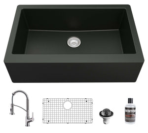 Alternate Image for Karran 34" Quartz Composite Farmhouse Sink with Stainless Steel Faucet and Accessories, Black, QA740BL210SS