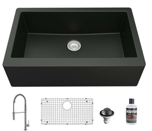 Alternate Image for Karran 34" Quartz Composite Farmhouse Sink with Stainless Steel Faucet and Accessories, Black, QA740BL220SS