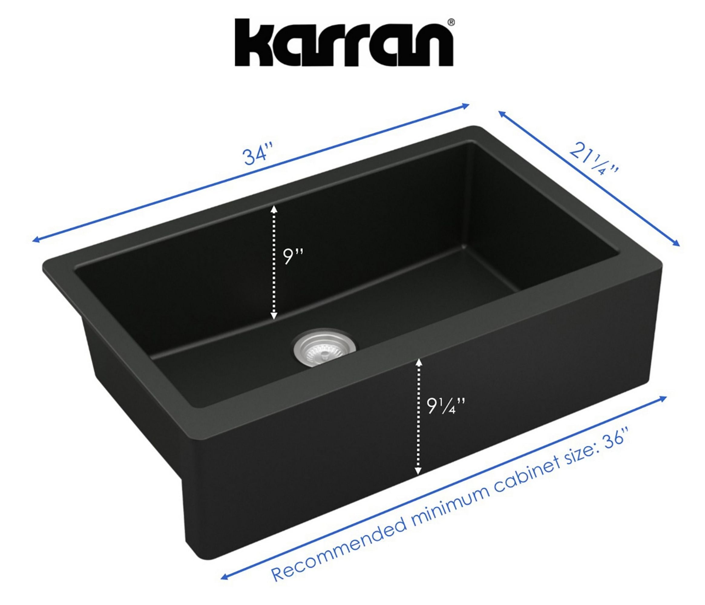 Karran 34" Quartz Composite Farmhouse Sink with Stainless Steel Faucet and Accessories, Black, QA740BL220SS