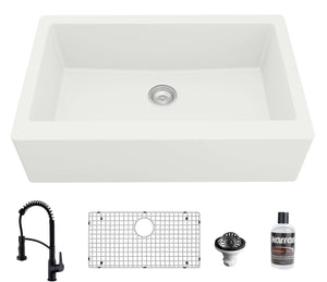 Alternate Image for Karran 34" Quartz Composite Farmhouse Sink with Matte Black Faucet and Accessories, White, QA740WH210MB