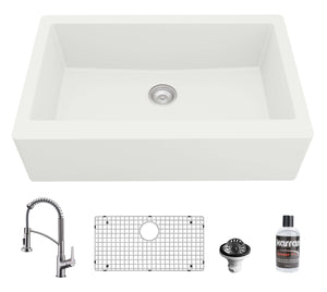 Alternate Image for Karran 34" Quartz Composite Farmhouse Sink with Stainless Steel Faucet and Accessories, White, QA740WH210SS