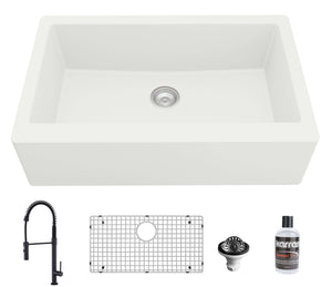 Alternate Image for Karran 34" Quartz Composite Farmhouse Sink with Matte Black Faucet and Accessories, White, QA740WH220MB