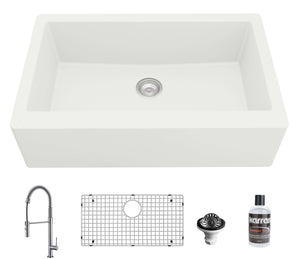 Alternate Image for Karran 34" Quartz Composite Farmhouse Sink with Stainless Steel Faucet and Accessories, White, QA740WH220SS