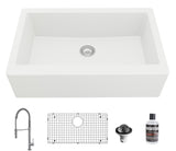 Karran 34" Quartz Composite Farmhouse Sink with Stainless Steel Faucet and Accessories, White, QA740WH220SS