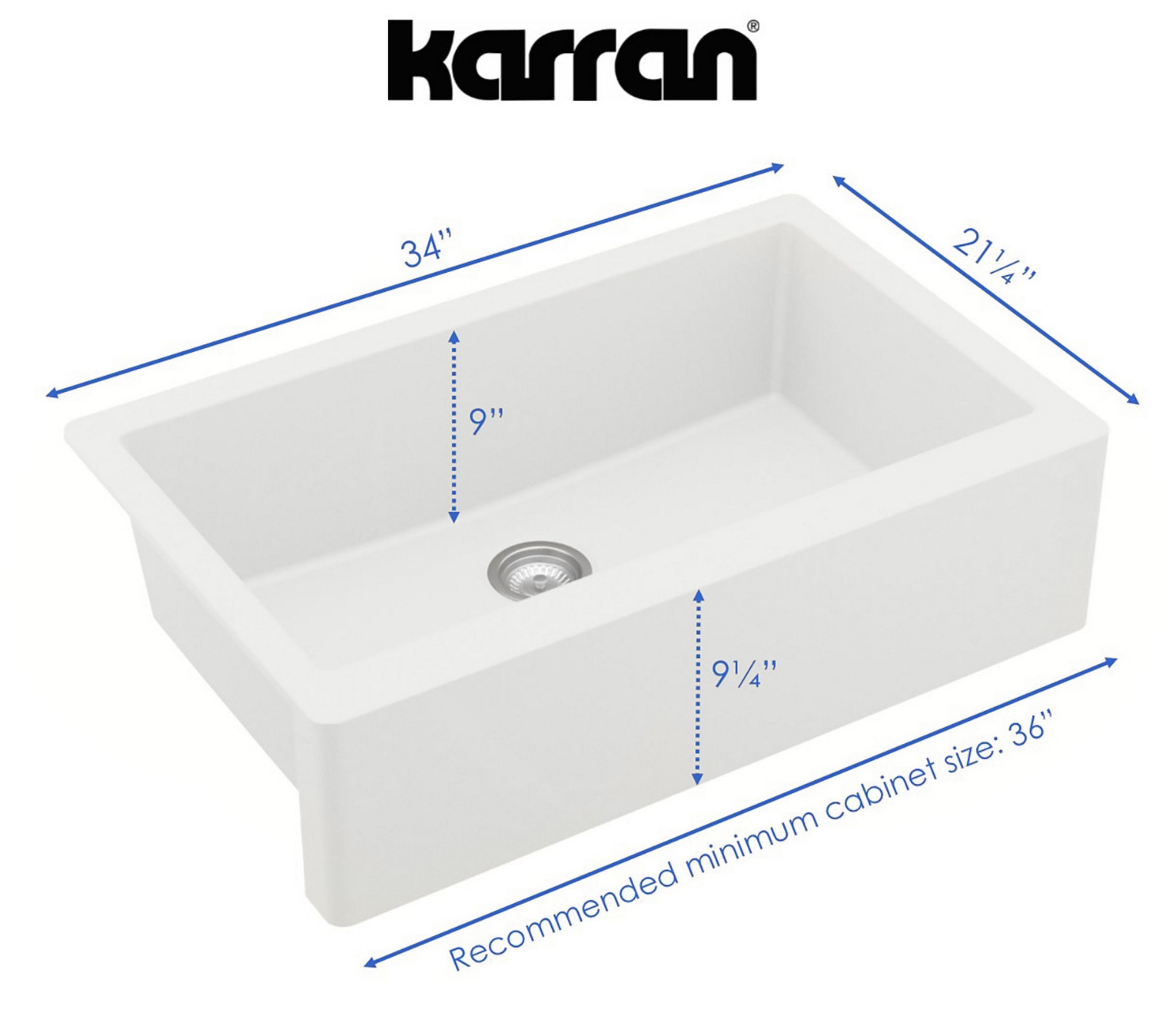 Karran 34" Quartz Composite Farmhouse Sink with Stainless Steel Faucet and Accessories, White, QA740WH220SS