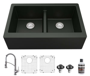 Alternate Image for Karran 34" Quartz Composite Farmhouse Sink with Stainless Steel Faucet and Accessories, 50/50 Double Bowl, Black, QA750BL210SS