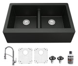 Karran 34" Quartz Composite Farmhouse Sink with Stainless Steel Faucet and Accessories, 50/50 Double Bowl, Black, QA750BL210SS