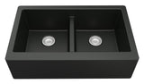 Karran 34" Quartz Composite Farmhouse Sink with Stainless Steel Faucet and Accessories, 50/50 Double Bowl, Black, QA750BL210SS