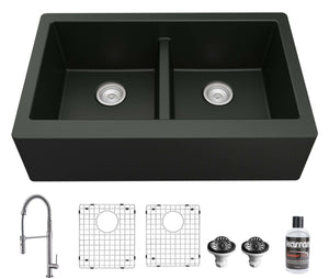 Alternate Image for Karran 34" Quartz Composite Farmhouse Sink with Stainless Steel Faucet and Accessories, 50/50 Double Bowl, Black, QA750BL220SS