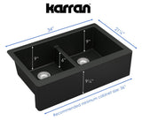 Karran 34" Quartz Composite Farmhouse Sink with Stainless Steel Faucet and Accessories, 50/50 Double Bowl, Black, QA750BL220SS