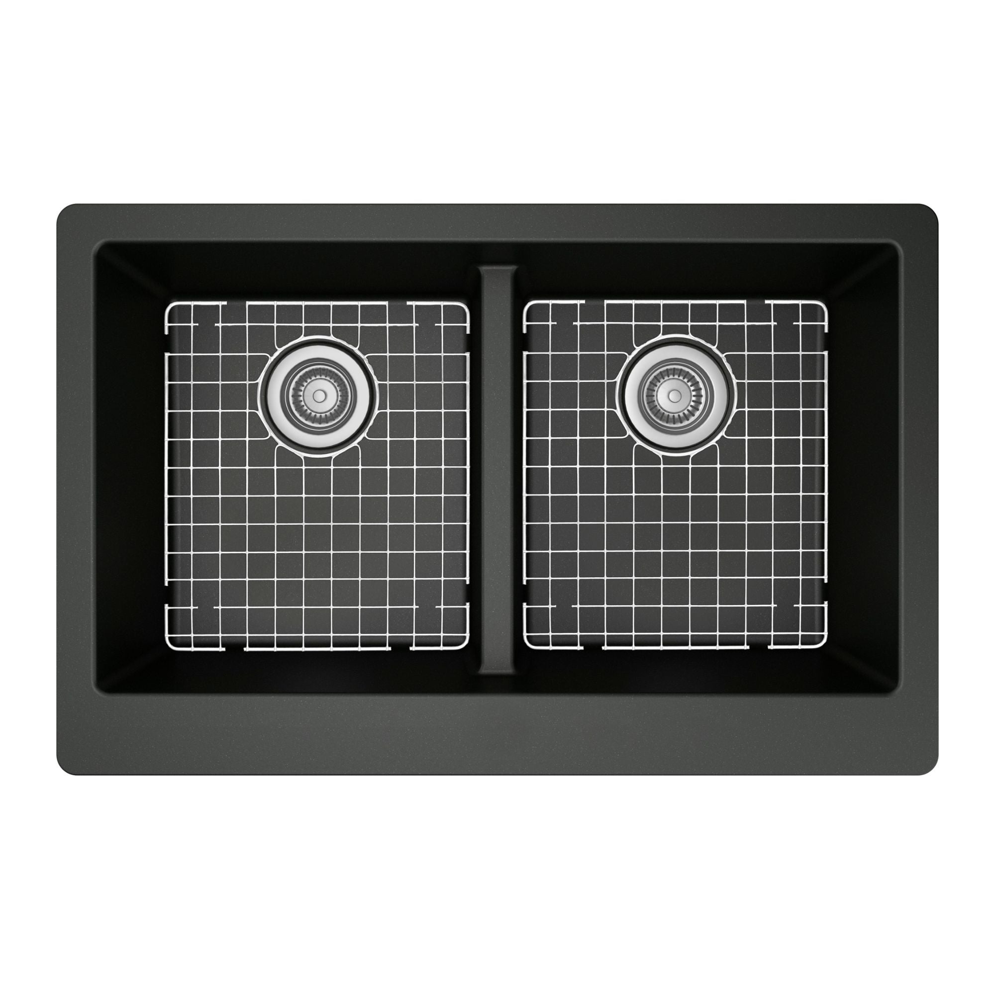 Karran 34" Quartz Composite Farmhouse Sink with Stainless Steel Faucet and Accessories, 50/50 Double Bowl, Black, QA750BL220SS