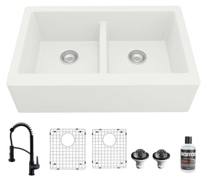 Alternate Image for Karran 34" Quartz Composite Farmhouse Sink with Matte Black Faucet and Accessories, 50/50 Double Bowl, White, QA750WH210MB