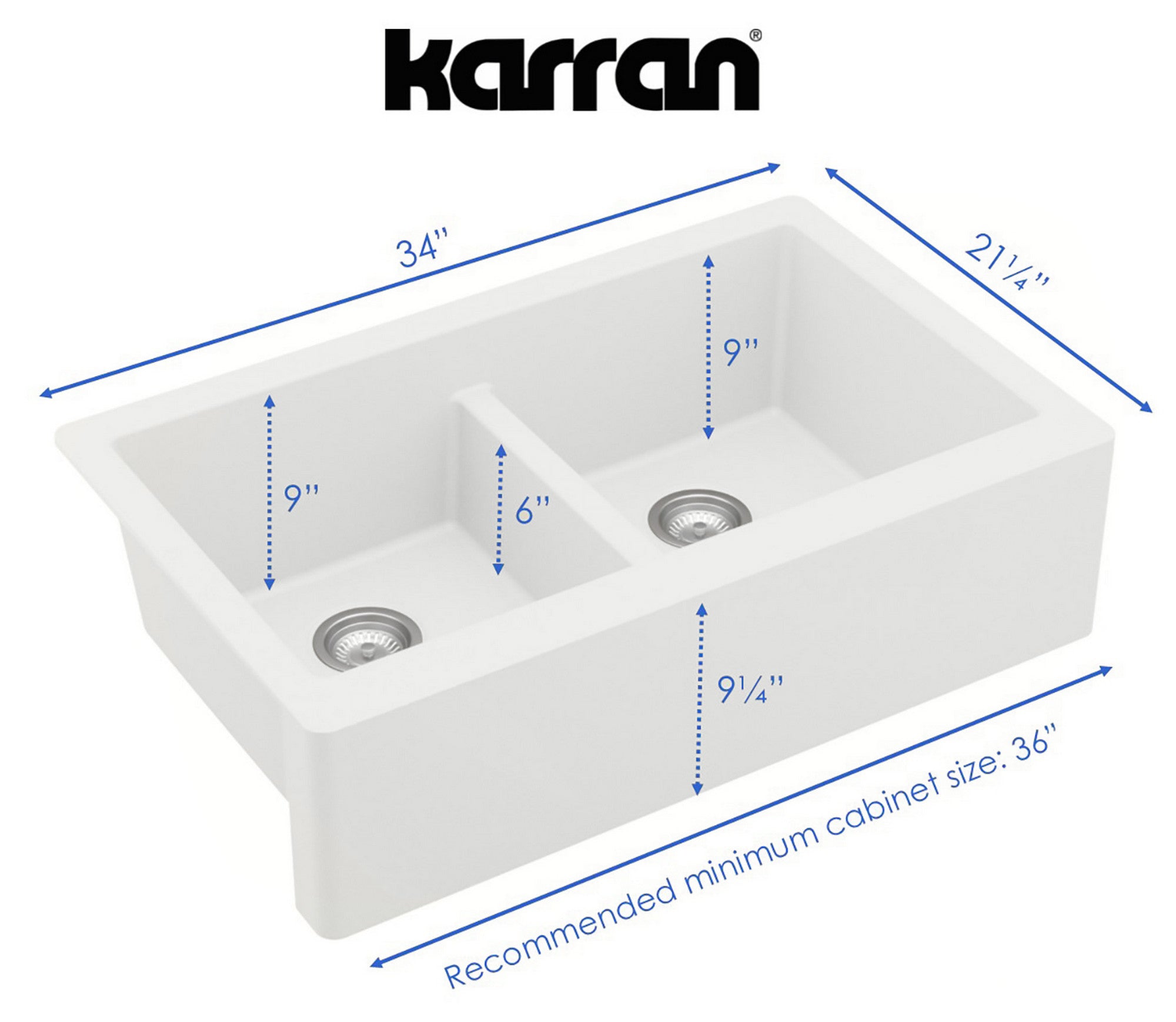 Karran 34" Quartz Composite Farmhouse Sink with Matte Black Faucet and Accessories, 50/50 Double Bowl, White, QA750WH210MB