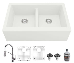 Alternate Image for Karran 34" Quartz Composite Farmhouse Sink with Stainless Steel Faucet and Accessories, 50/50 Double Bowl, White, QA750WH210SS